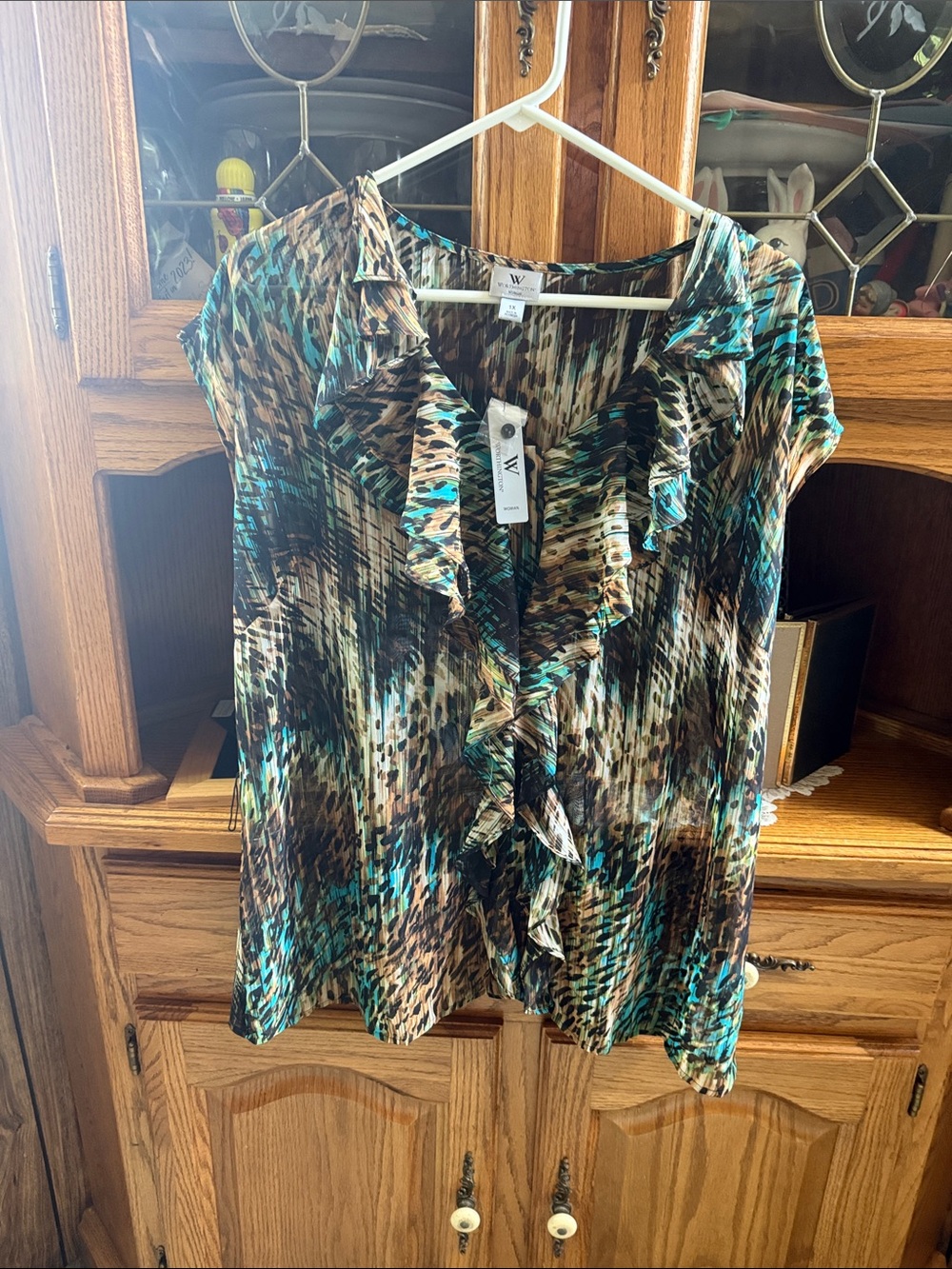 Worthington woman Teal Brown Black Printed Ruffle V-Neck Blouse